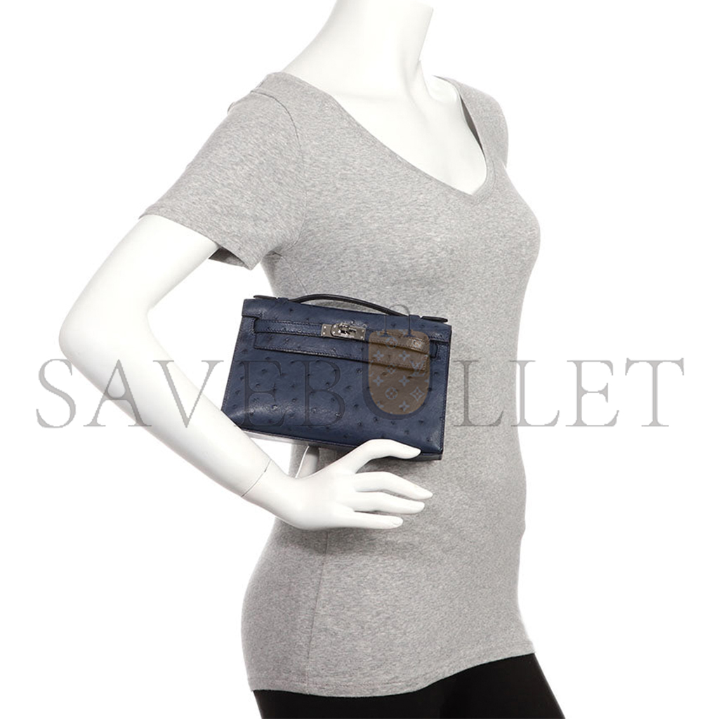 HERMÈS MASTER  BLEU DE MALTE OSTRICH KELLY POCHETTE (22*14*7cm)